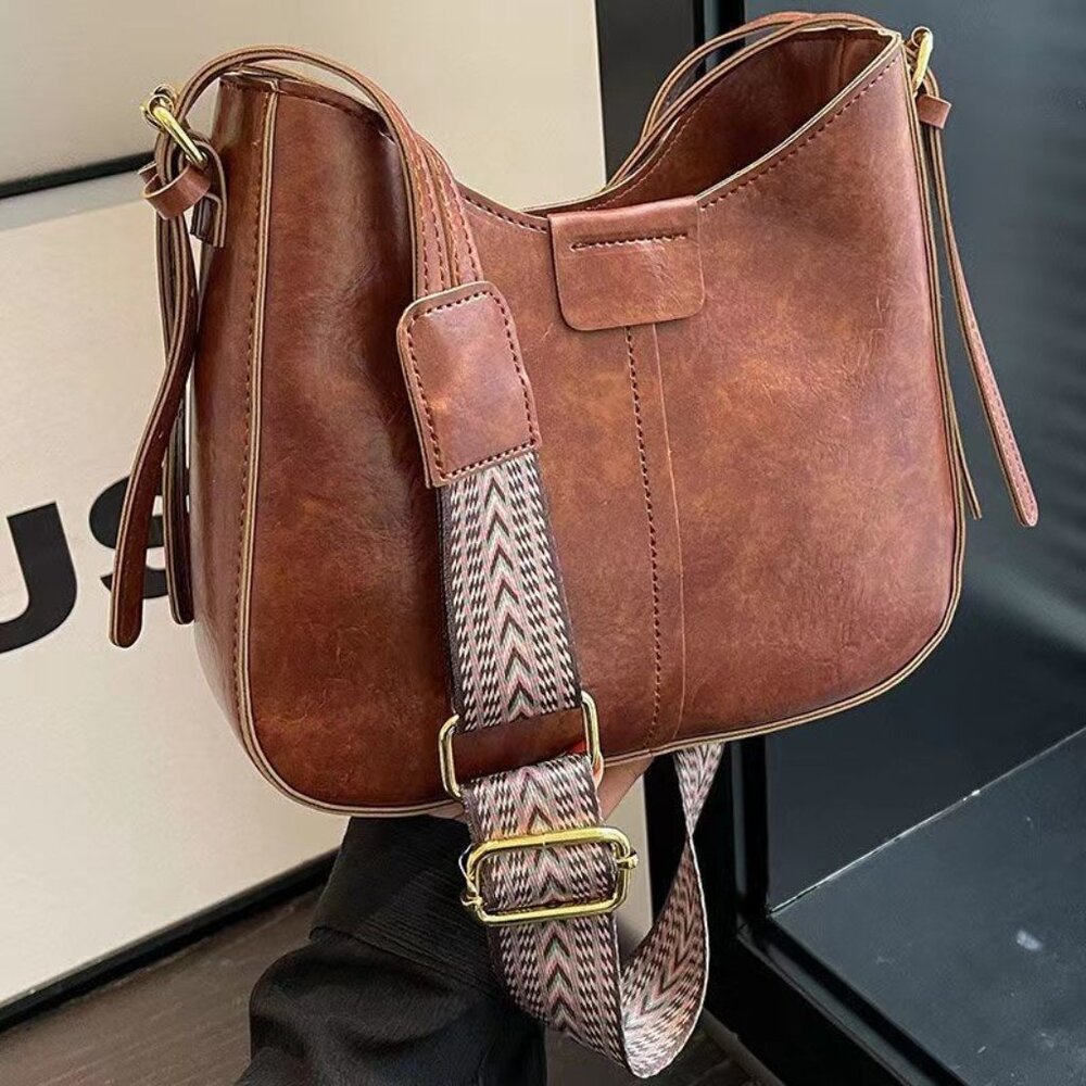 Ladies' brown fashionable retro broadband shoulder crossbody bag bucket bag #517